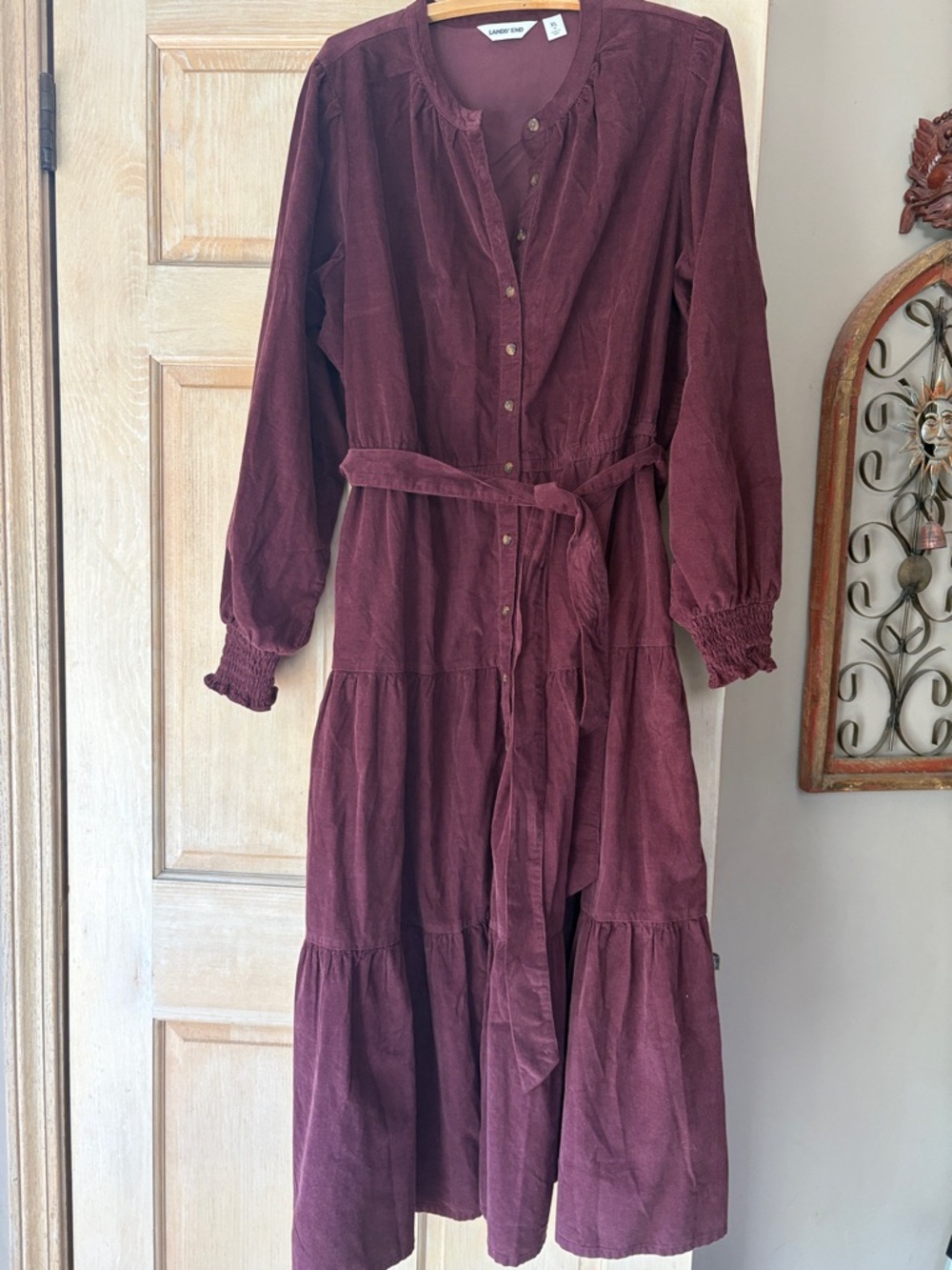 Lands End Lush Burgundy Pinwale Corduroy Tiered Dress Size XL